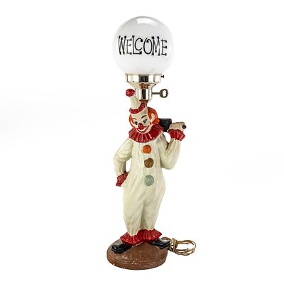 Vintage Circus Clown "Welcome" Table Lamp, features a chalkware standing circus clown wearing a 