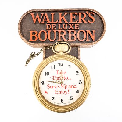 Vintage Walker's DeLuxe Bourbon Advertising Sign, features a large, decorative clock designed 