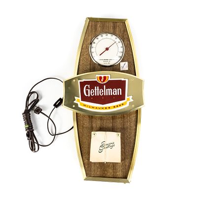 Vintage Gettelman Brewing Co Wall Sign, featuring a built-in thermometer and a calendar 
