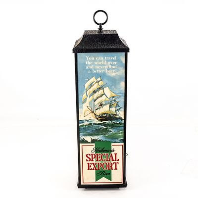 Vintage Heileman's Special Export Lighted Lantern, features a 3-sided lantern with a faux-metal 