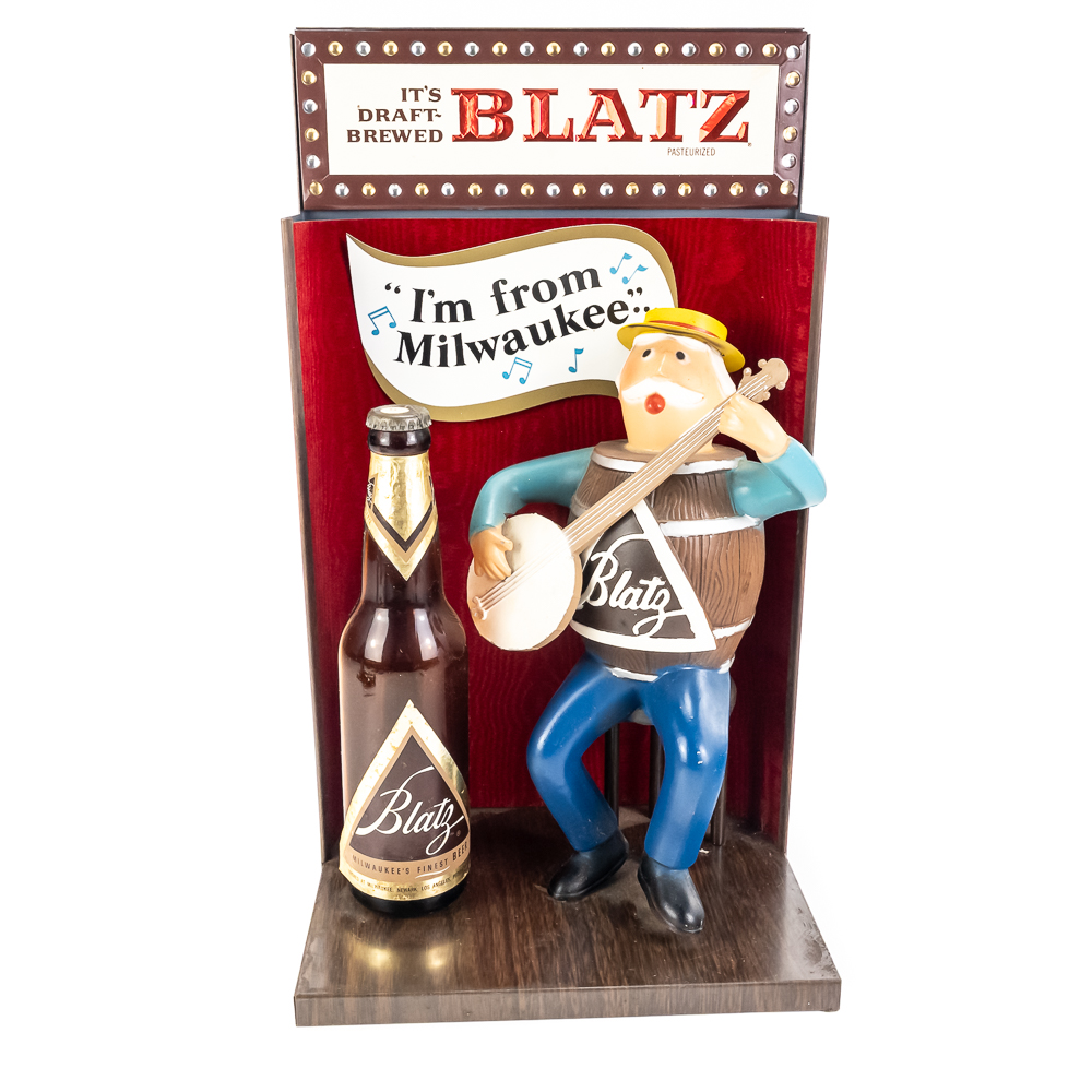 Vintage Blatz Beer Banjo Barrel Man Display