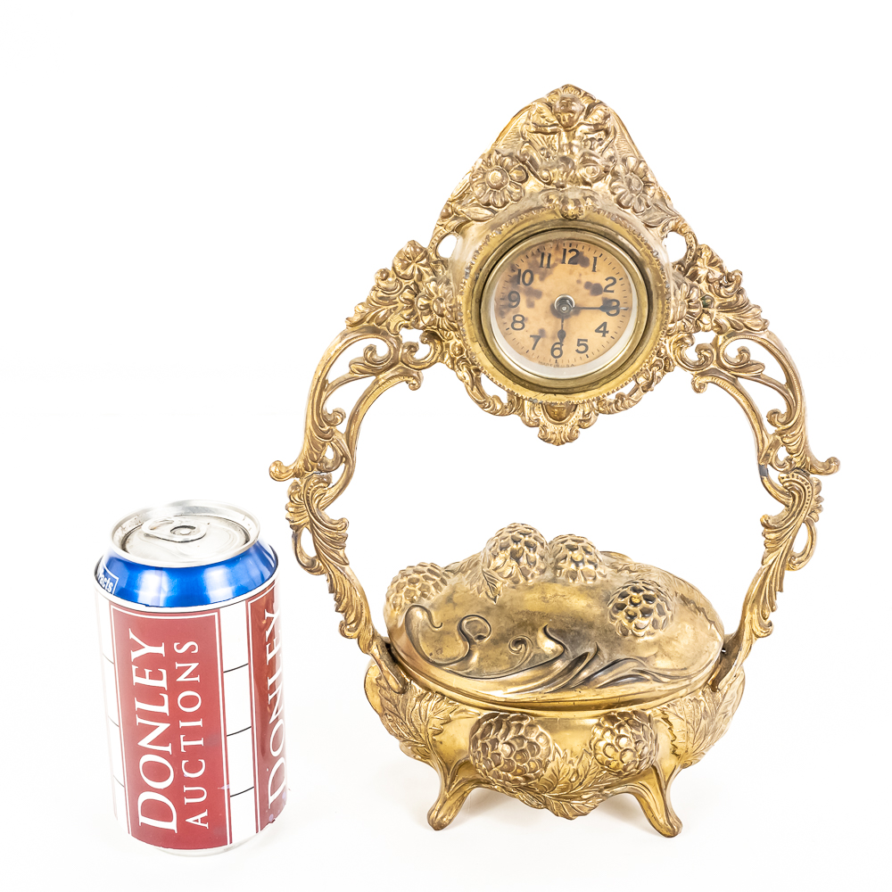 Antique Gilt Cast Metal Jewelry Box Clock