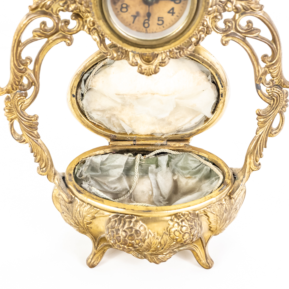 Antique Gilt Cast Metal Jewelry Box Clock