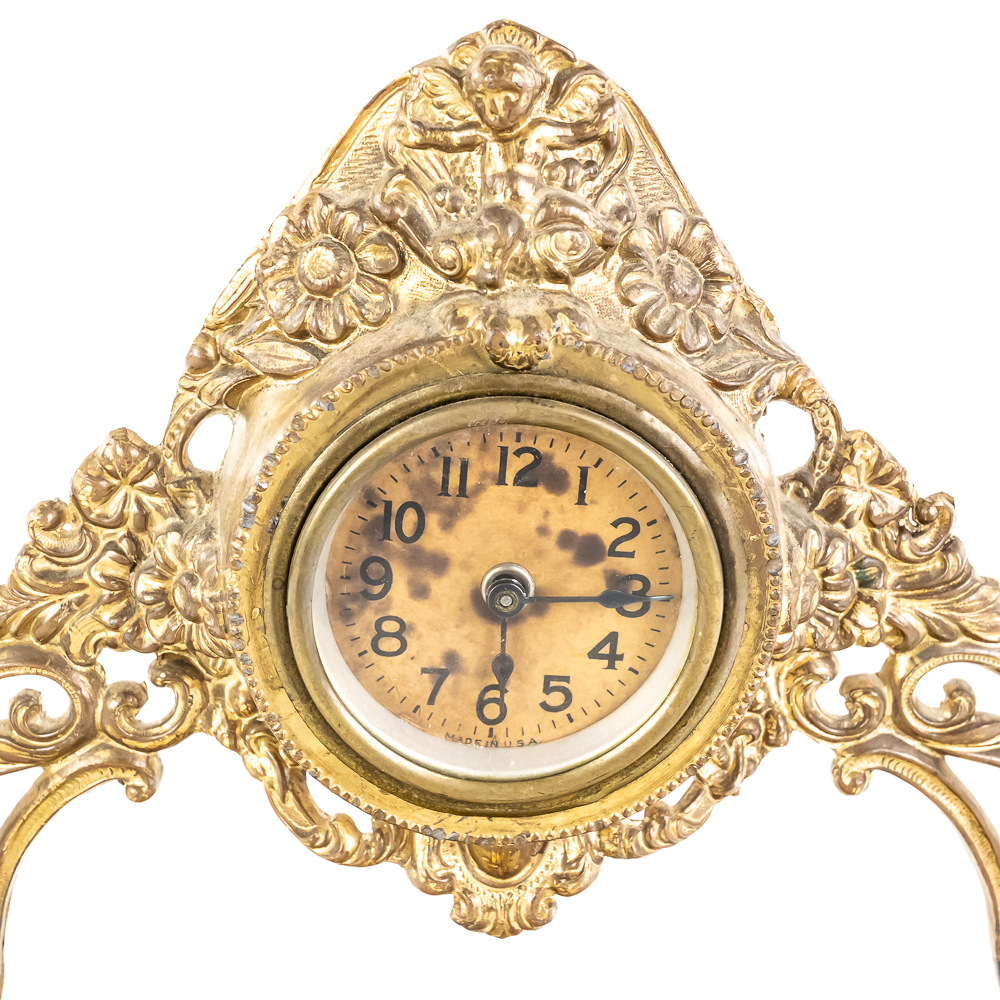 Antique Gilt Cast Metal Jewelry Box Clock