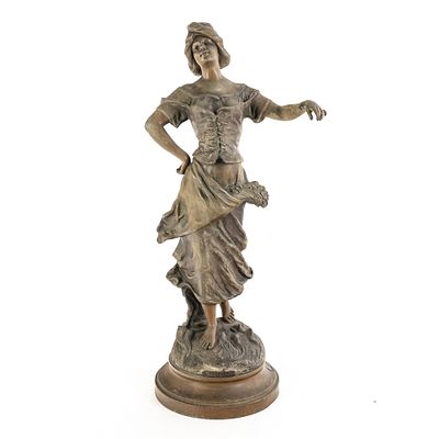 Art Nouveau Young Woman Sculpture, depicts a barefoot gypsy dancer gracefully holding out her 