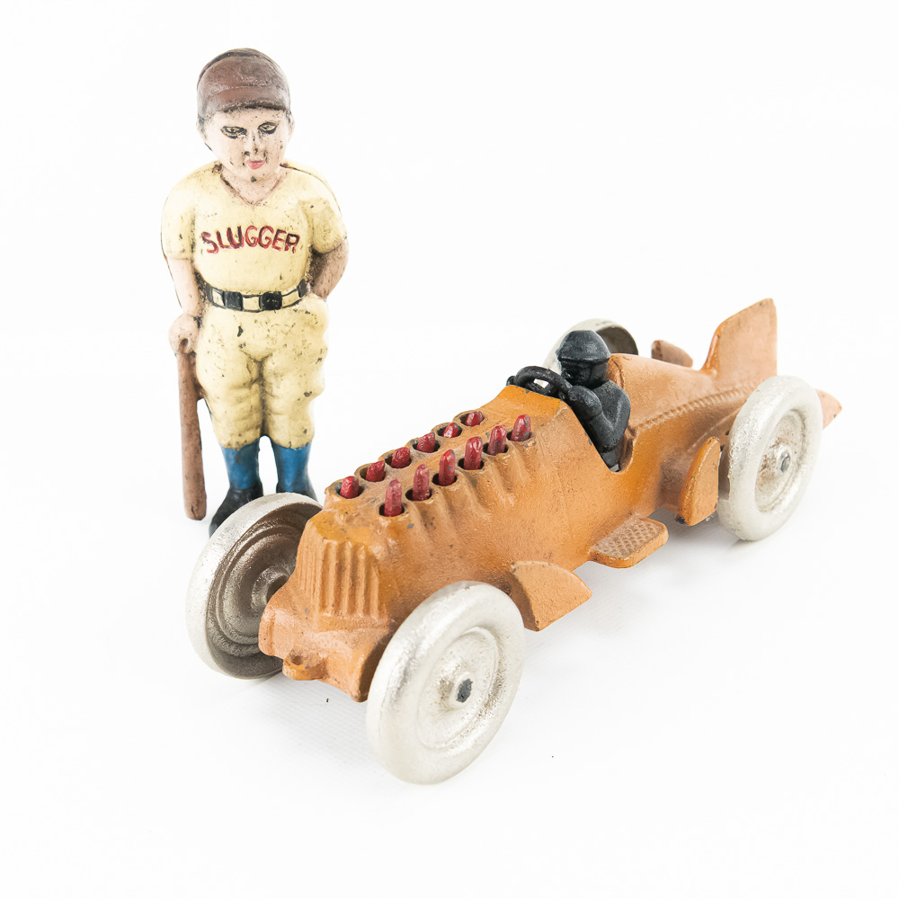 Hubley Cast Iron Race Car and Slugger Still Bank