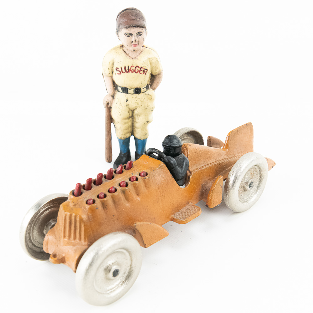 Hubley Cast Iron Race Car and Slugger Still Bank