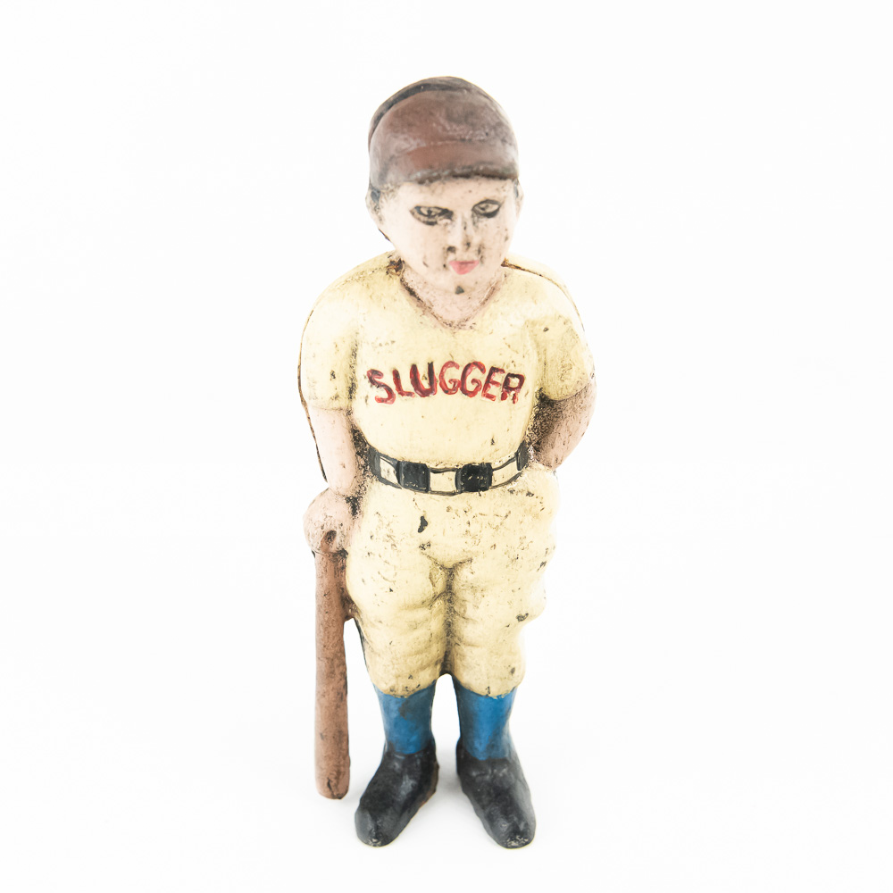 Hubley Cast Iron Race Car and Slugger Still Bank