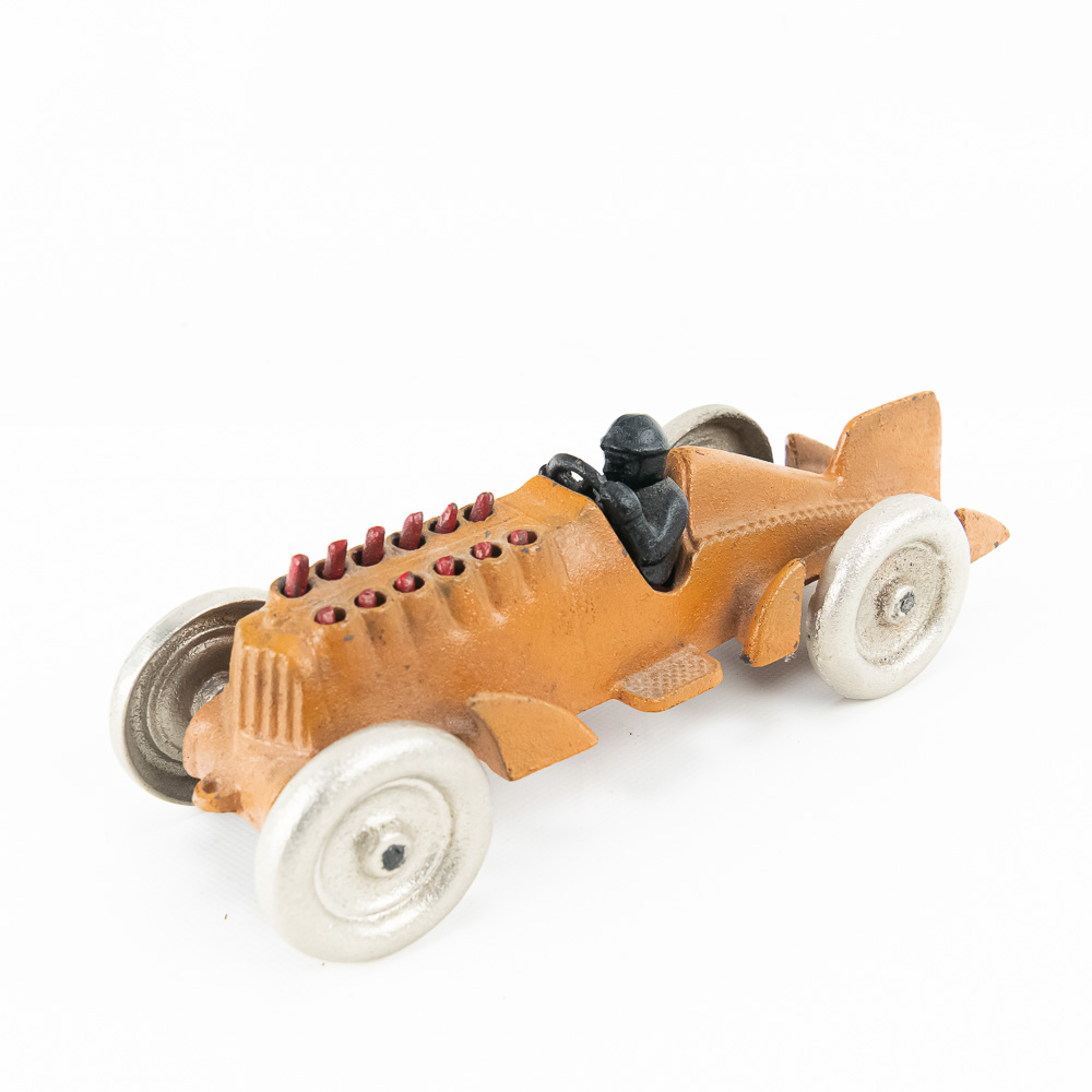 Hubley Cast Iron Race Car and Slugger Still Bank