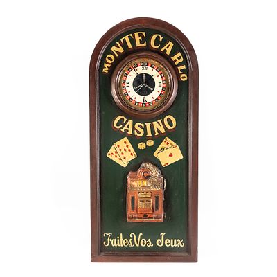 Vintage Monte Carlo Casino 3D Wall Clock Sign, designed with an arched wooden frame and three- 