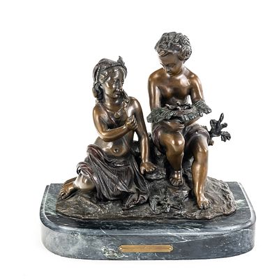 "Two Kids and a Nest" Bronze Sculpture, a boy and a girl seated holding a nest filled with 