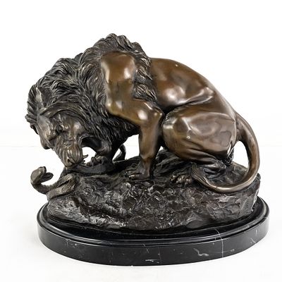 "Lion and Serpent" Bronze Sculpture by French animalier sculptor Antoine-Louis Barye, features 