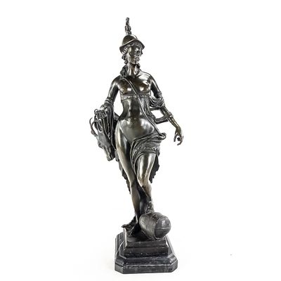 "Tellus Bavarica" Bronze Sculpture, depicting Diana the Huntress standing on a barrel and 