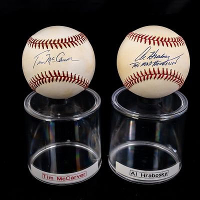 Al Hrabosky & Tim McCarver Autographed Baseballs. St Louis Cardinal fan favorite announcers Al 