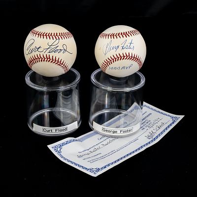George Foster & Curt Flood Autographed NL Baseball. Cincinnati Reds fan favorites George Foster 