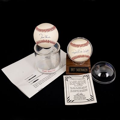 Tom Glavine & Bret Saberhagen Signed MLB Baseballs. Pitching powerhouses Tom Glavine (LOA) & 