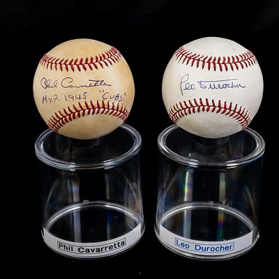 Phil Cavarretta & Leo Durocher Signed Baseballs. Chicago Cubs fan favorite & 1945 MVP Phil 