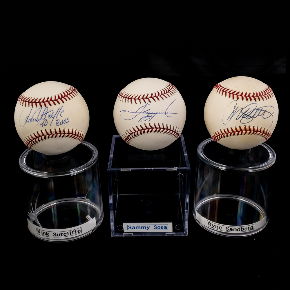 Sandberg Sutcliffe & Sosa Autographed MLB Baseball