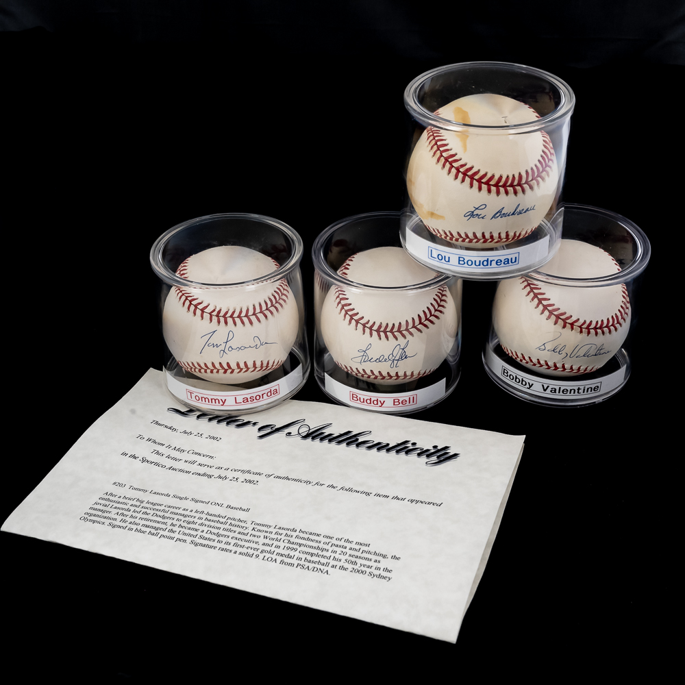 T Lasorda L Boudreau B Bell B Valentine AUTO Balls