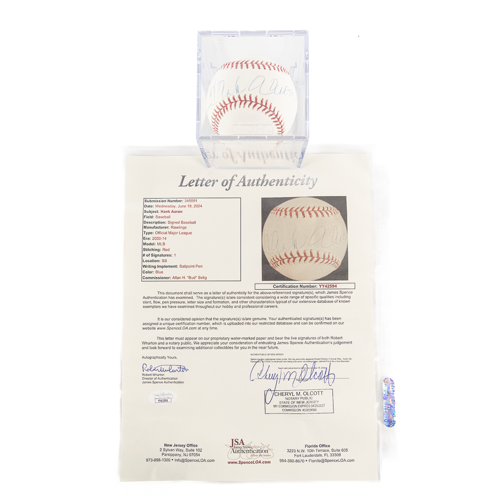 Hank Aaron Autographed MLB Baseball w JSA LOA +