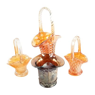 Carnival Glass: Baskets & Hat 4-Pc Lot. 4-piece lot. 3 baskets, 1 hat. Imperial waffle block 