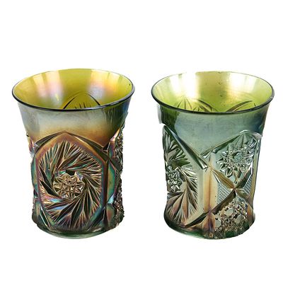Carnival Glass: Cambridge Tumblers 2-Pc. 2-piece lot of Cambridge Double Star tumblers in green. 