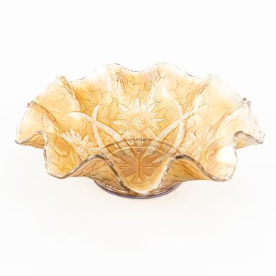 Carnival Glass: Four Flowers Variant. Diamond Four Flowers Variant ruffled bowl with a soda gold 