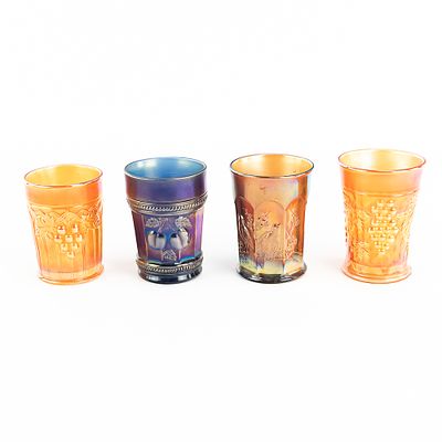 Carnival Glass: N'wood Tumblers 4-Pc. 4-piece lot of Northwood tumblers. Peach in blue 