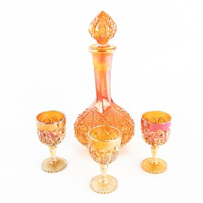 Carnival Glass: Imperial Decanter 4-Pc. 4-piece lot of Imperial Octagon in marigold. Decanter 