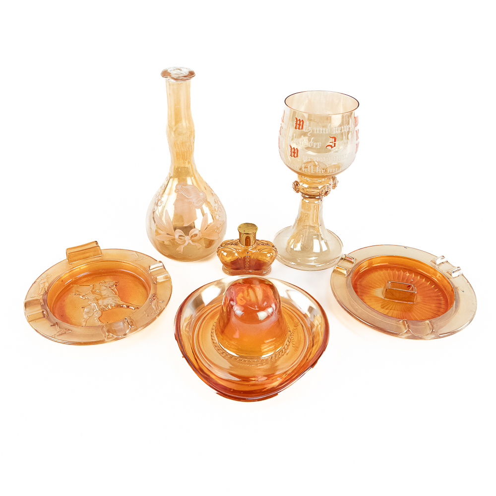 Carnival Glass Ashtrays & Bottles: 6-Pc Lot