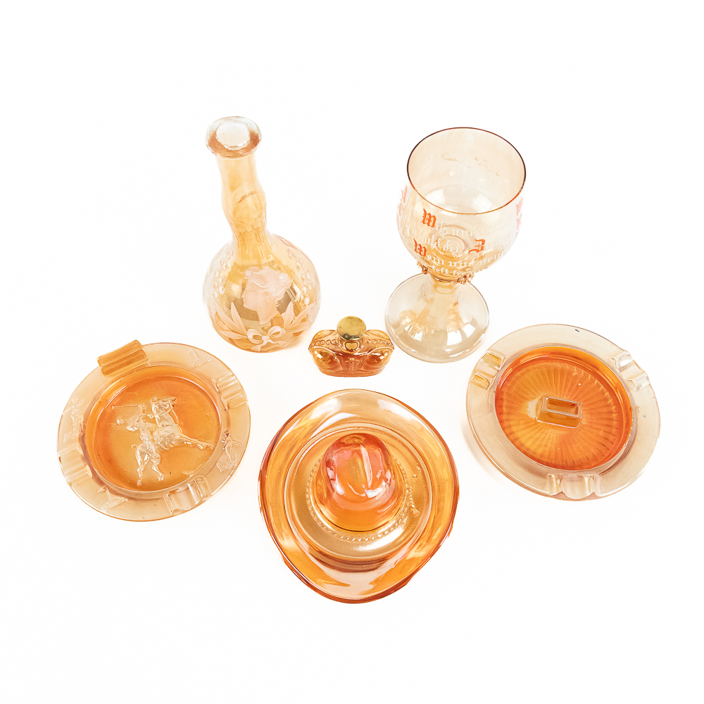 Carnival Glass Ashtrays & Bottles: 6-Pc Lot