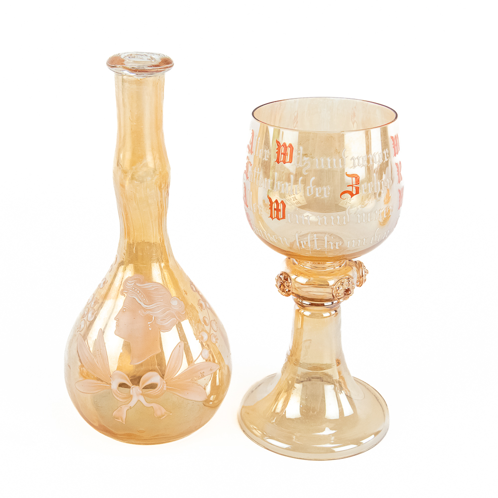 Carnival Glass Ashtrays & Bottles: 6-Pc Lot