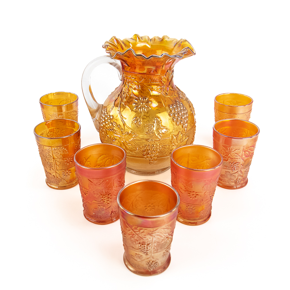 Carnival Glass Floral & Grape 8-Pc Water Set