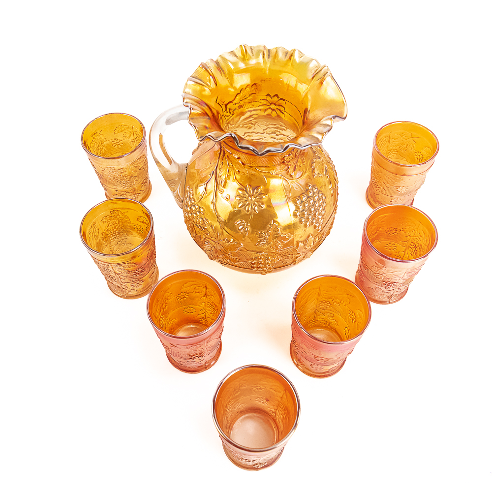 Carnival Glass Floral & Grape 8-Pc Water Set
