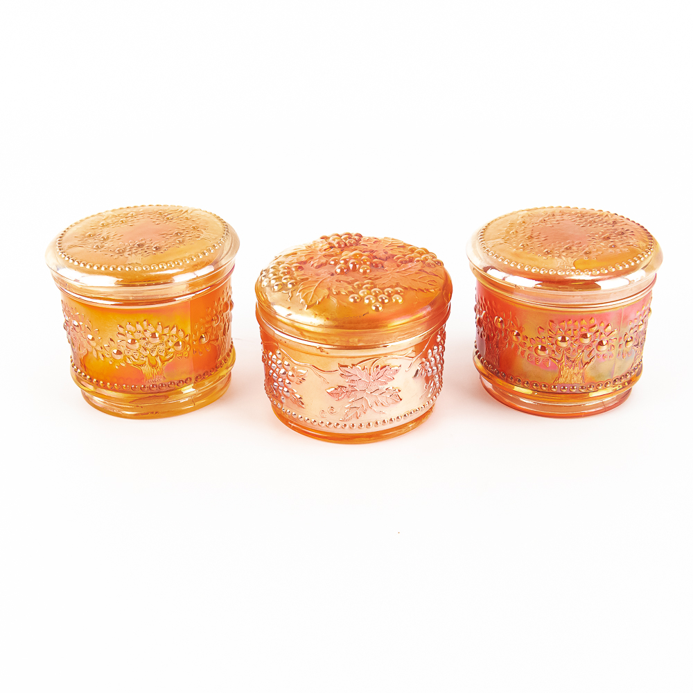 Carnival Glass Covered Powder Jars: 3-Pc Lot