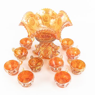 Carnival Glass: Imperial Fashion 12pc Punch Set. Marigold. Punch bowl, base, and 10 cups in good 