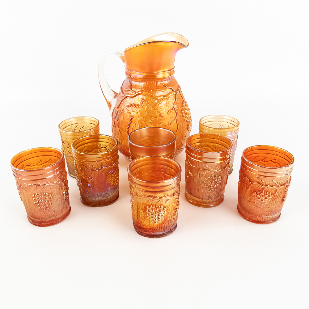 Carnival Glass: Dugan Vineland 8pc Water Set