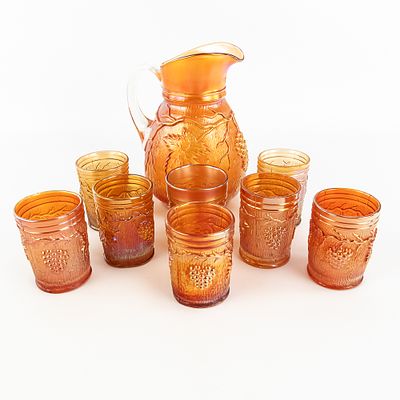 Carnival Glass: Dugan Vineland 8pc Water Set. Marigold. Pitcher and 7 tumblers. Very cool set in 