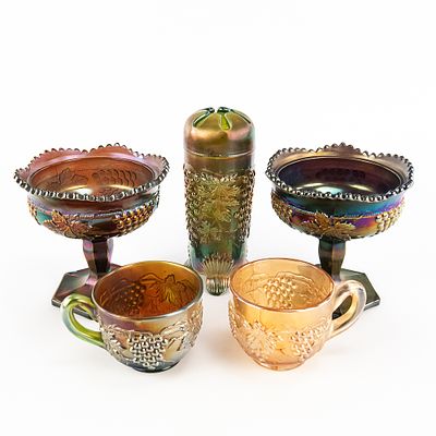 Carnival Glass: N'wood Grape 5-Pc Lot. 5-piece lot of Northwood Grape and Cable. Green punch 