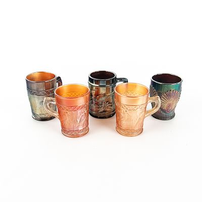 Carnival Glass: Dugan Mugs 5-Pc Lot. 5-piece lot of Dugan Diamond mugs. Beaded Shell in amethyst 