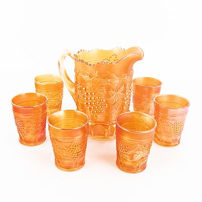 Carnival Glass: N'wood Grape Set 7-Pc. Northwood Grape and Cable 7-piece water set in marigold. 