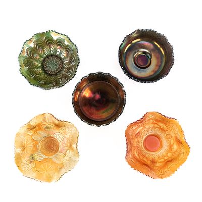 Carnival Glass: Fenton Sauce Bowls 5pc Lot. Includes a 5.5 in. green Peacock Tail sauce, a 6 in. 