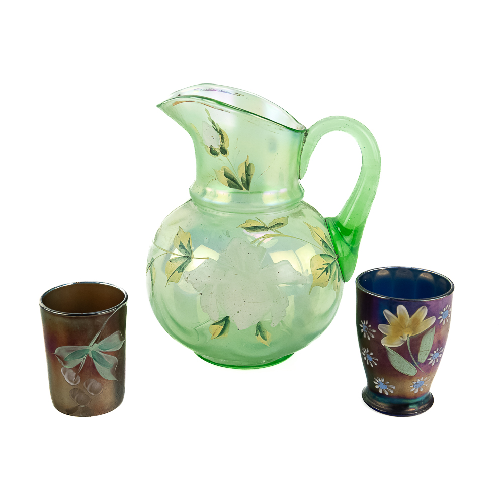 Carnival Glass Enameled: 3-Pc Lot