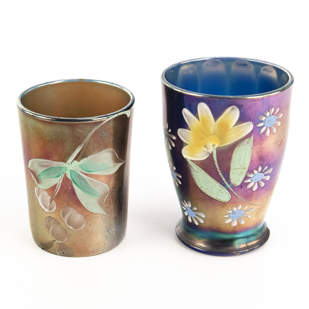 Carnival Glass Enameled: 3-Pc Lot