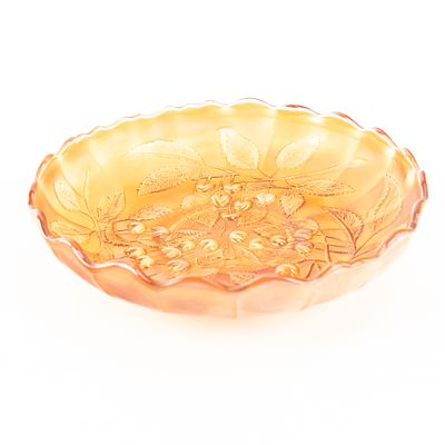 Carnival Glass: Millersburg Hanging Cherries Bowl. Marigold. Ice cream shape with very nice 