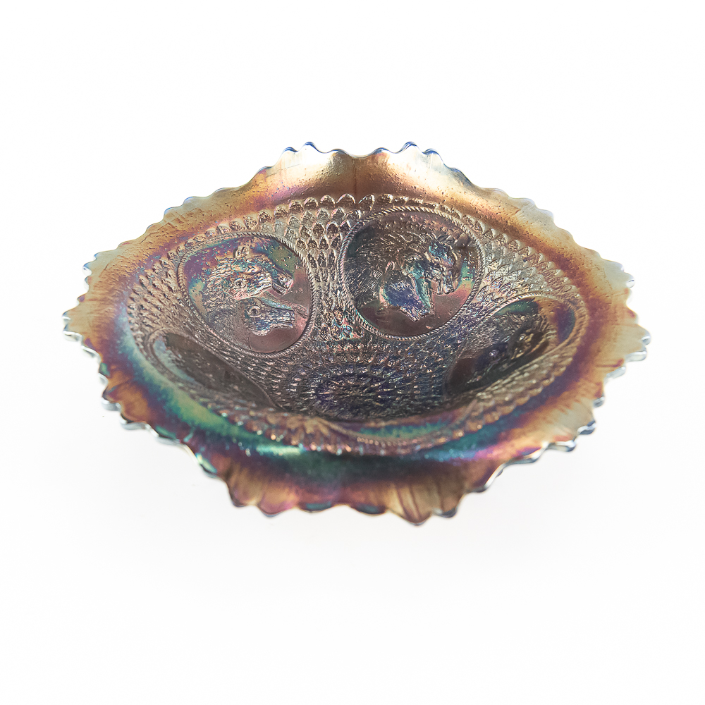 Carnival Glass: Fenton Horse Medallion Footed Bowl