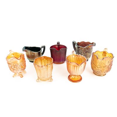 Carnival Glass Creamers: 7-Pc Lot. Includes an Imperial Chesterfield in red (large base chip) 