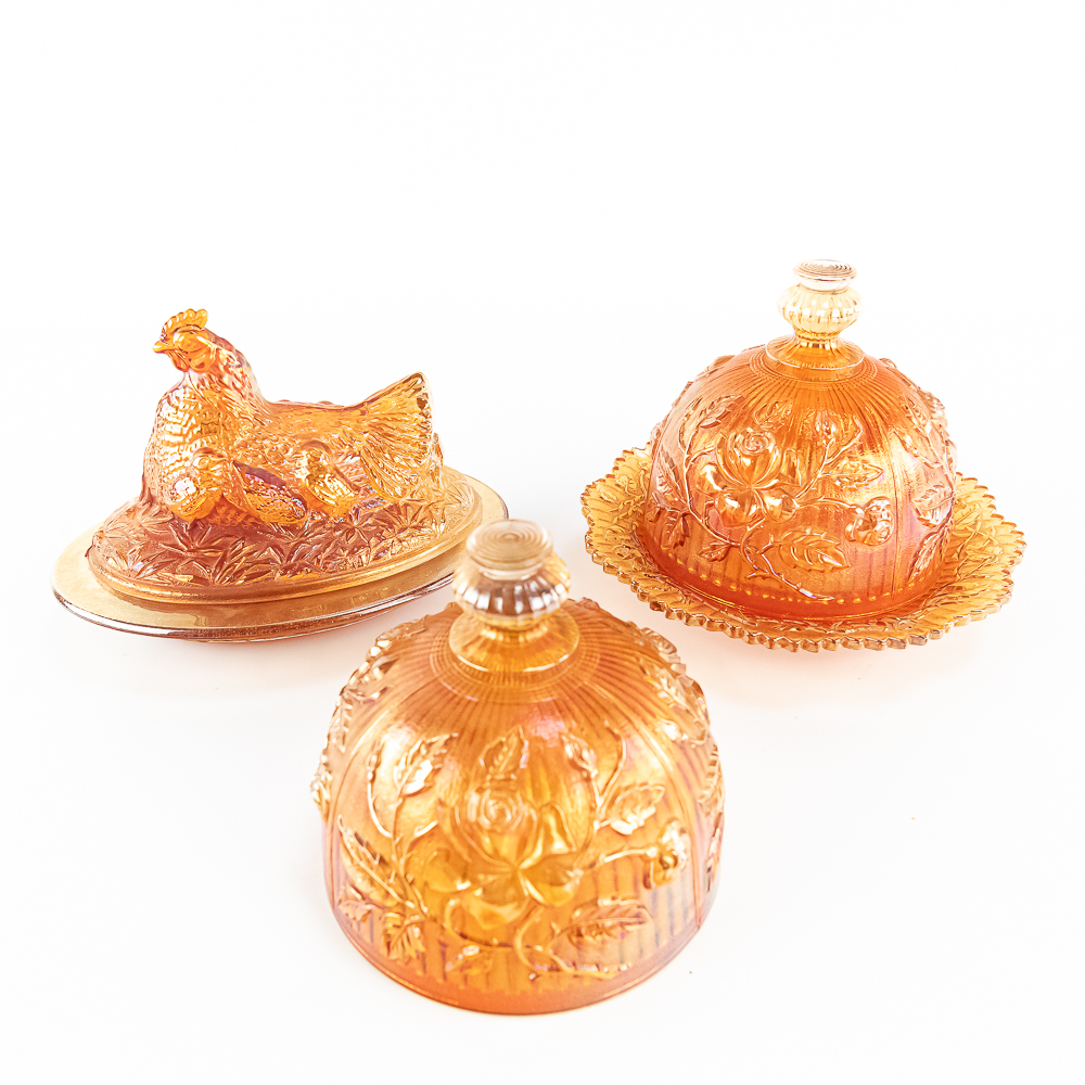 Carnival Glass Butter Dishes: 3-Pc Lot