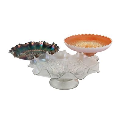 Carnival Glass: Dugan Diamond Bowls 3pc Lot. Includes a ruffled white double-stem rose bowl, a 