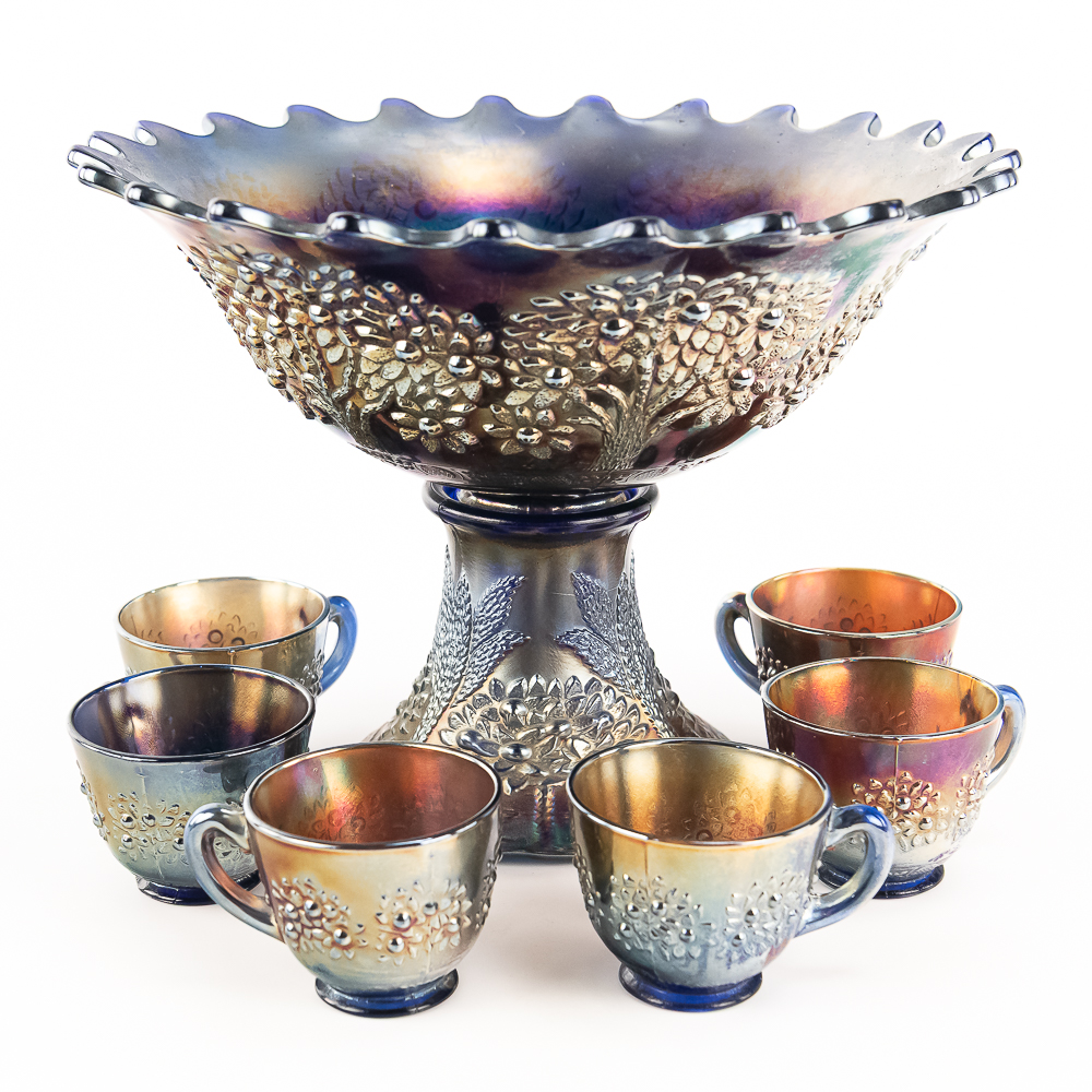 Carnival Glass: Fenton Orange Tree 8pc Punch Set